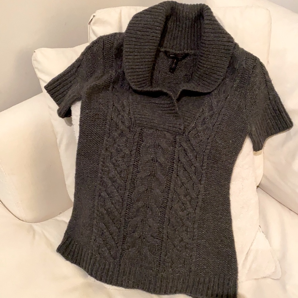 BCBG MaxAzria Cable Knit Short Sleeve Charcoal Wool Sweater